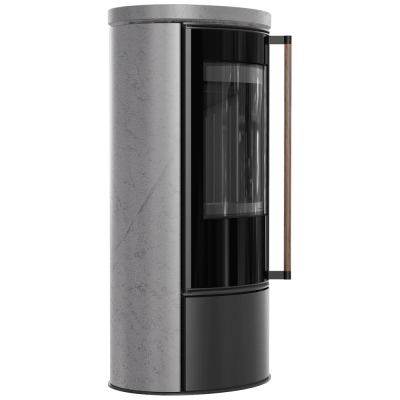 Piec stalowy ERIK ø 150 5,5 kW ozdobna ceramika akumulacyjna GRAY SATIN pokrywa ceramiczna; czarny termotec; klamka z drewna egzotycznego Jatoba