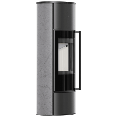 Piec stalowy KRATKI ERIK Ø 150 5,5 kW wysoka ozdobna ceramika akumulacyjna GREY SATIN pokrywa stalowa; z domykaniem