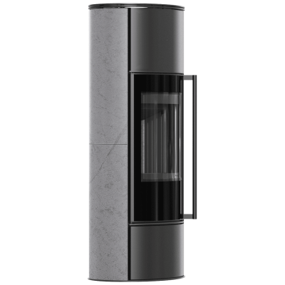 Piec stalowy KRATKI ERIK Ø 150 5,5 kW wysoka ozdobna ceramika akumulacyjna GREY SATIN pokrywa stalowa; czarny termotec z domykaniem