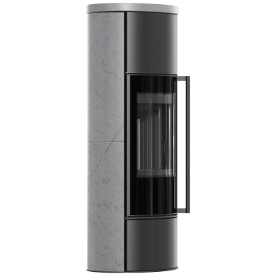 Piec stalowy KRATKI ERIK Ø 150 5,5 kW wysoka ozdobna ceramika akumulacyjna GREY SATIN pokrywa ceramiczna; czarny termotec z domykaniem